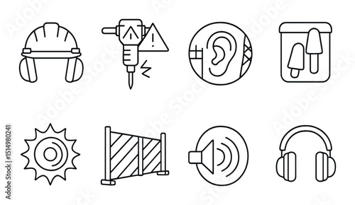 Construction noise safety linear icons set – outline, protective and caution symbols