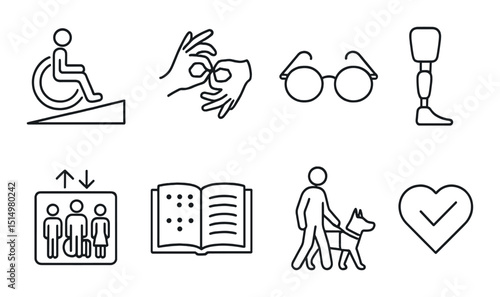Disability inclusion icons set – outline, accessibility and adaptive symbols collection