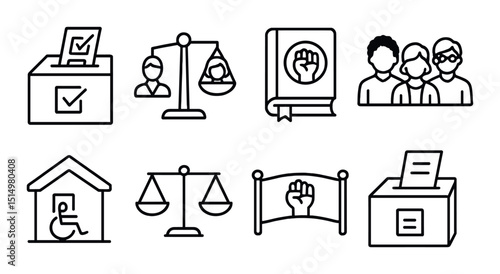 Political equality silhouette icons set – outline, democracy and civil rights symbols