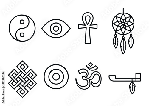 Cultural symbols outline icons set – heritage, tradition, philosophical emblems