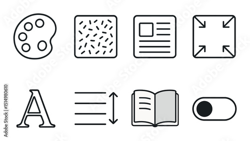 Ebook customization icons set - outline, linear, digital reading and text formatting symbols