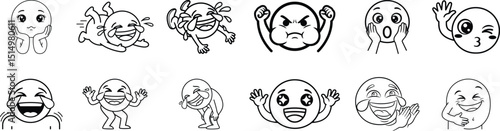 Outline Kawaii LOL Emoji Icon Set for World Emoji Day – Funny Hand Gesture Faces Vector.