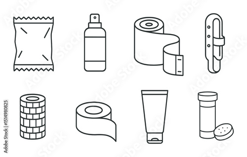 Sports injury essentials silhouette icons set – simple, recovery and health symbols