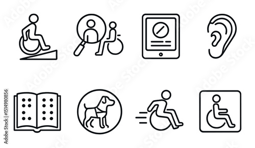 Disability inclusion silhouette icons set – accessibility, diversity, universal symbols