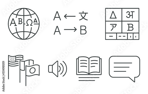 Language and translation outline icons set – silhouette communication and multilingual symbols
