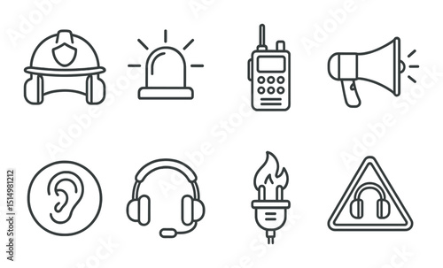 Firefighter and audio equipment outline icons set – emergency, safety symbols