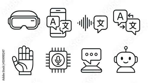 Futuristic communication outline icons set – linear, tech interaction and digital messaging