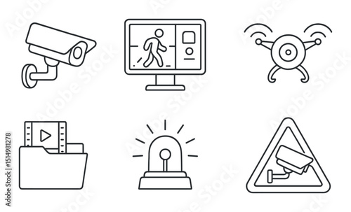Surveillance linear icons set – outline, security and monitoring symbols