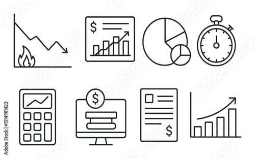 Financial planning outline icons set – budgeting, investment, and analysis symbols