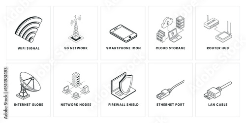 Networking & Internet Icon Set - Modern Line Art Illustrations for WiFi, 5G, Cloud Storage, Routers, and Connectivity Solutions