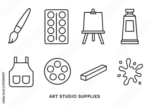 Art studio essentials outline icons set – drawing, painting, creative supplies