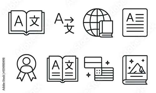 Books in translation outline icons set – language, reading, and global communication