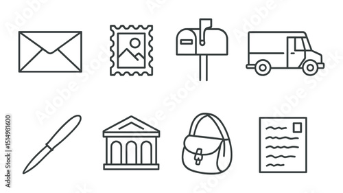 Traditional mail line icons set – outline, postal and communication symbols