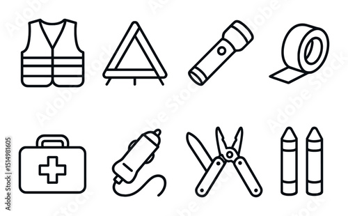 Vehicle emergency essentials icons set – outline, safety, roadside assistance symbols