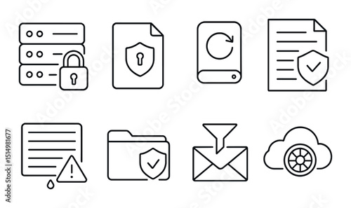 Data protection outline icons set – security, privacy and cybersecurity symbols