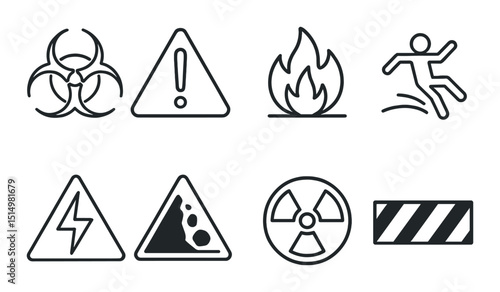 Warning and hazard icons set – silhouette, danger and safety alert symbols