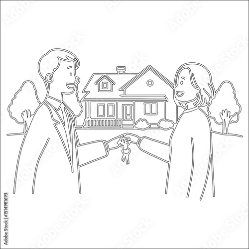 Funny cartoon illustration of a man and woman business people sharing a humorous work gag