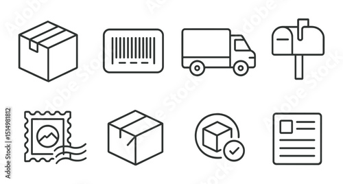 Postal and mail line icons set – outline, package, delivery symbols