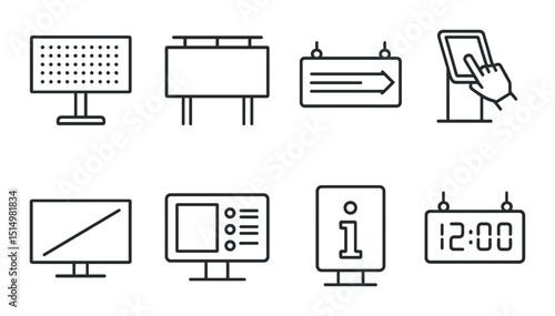 Digital signage icons set – linear, interactive displays and information symbols