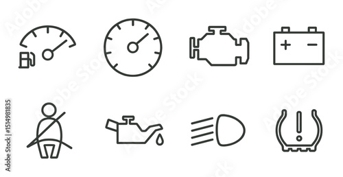 Dashboard outline icons set – simple symbols for car, warning, and safety indicators