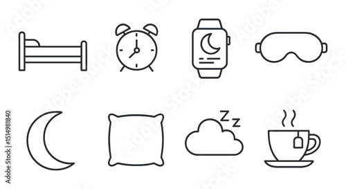 Sleep essentials icons set – outline, rest and bedtime symbols for relaxation