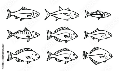 Edible fish silhouette icons set – outline, aquatic sea life and marine symbols