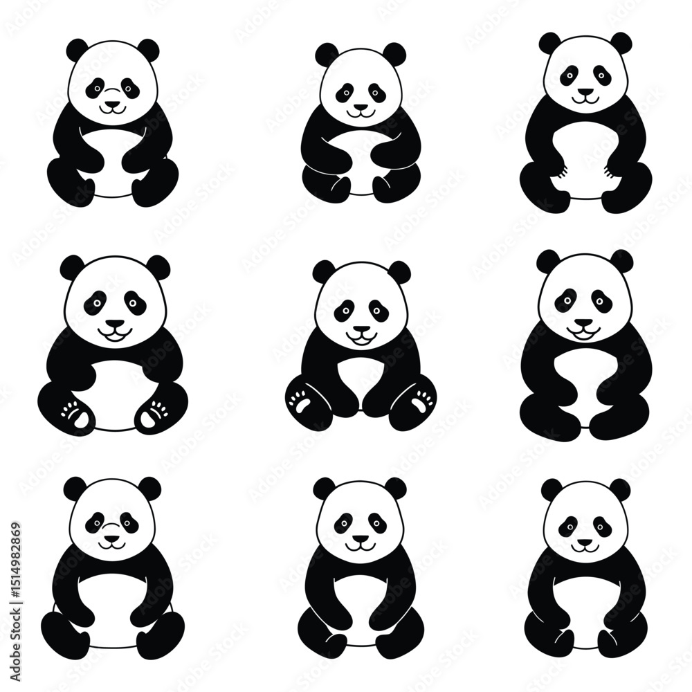 Obraz premium Cute Sitting Panda Bears Black and White - Simple Animal Vector Icons Set