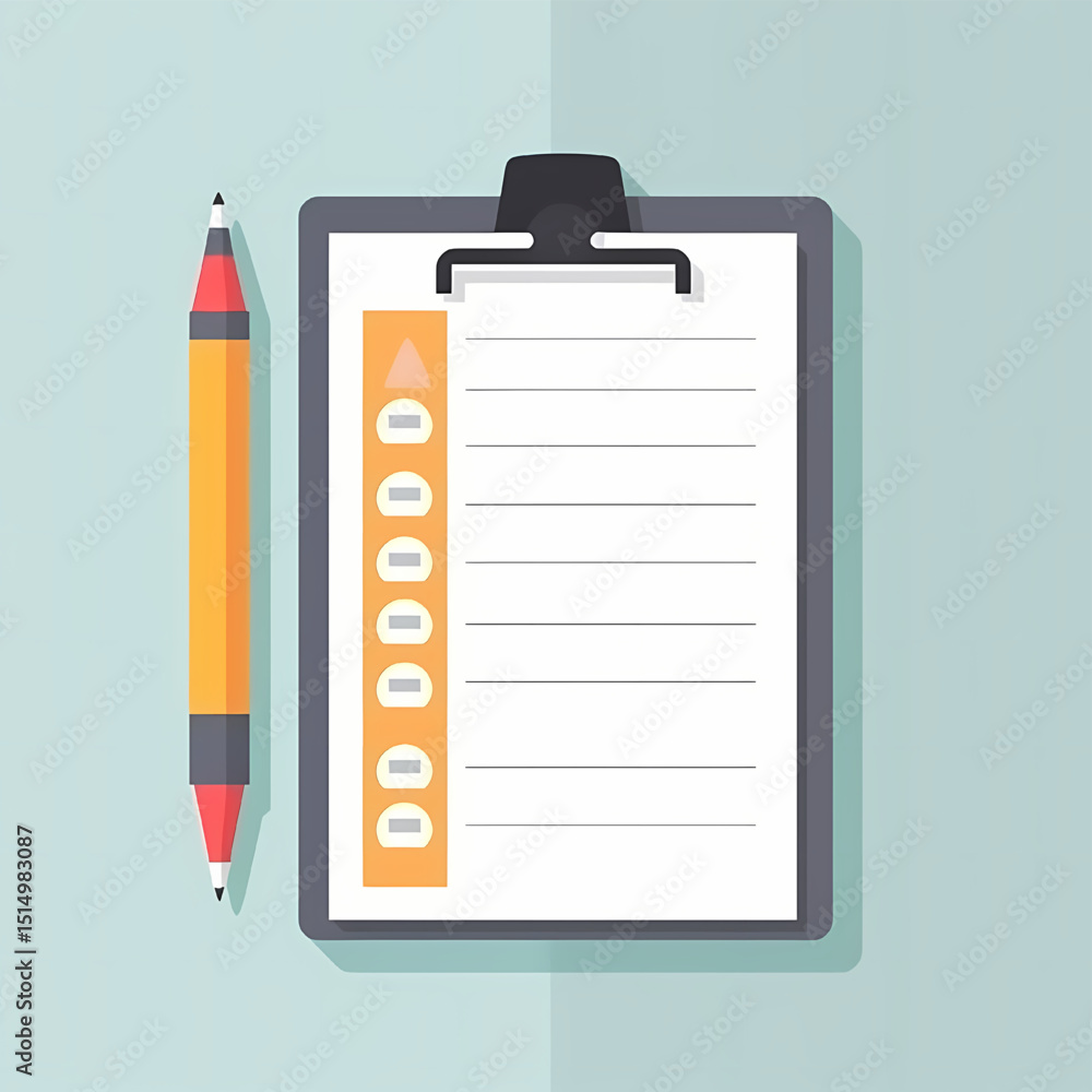 Checklist and Pencil: A flat, top-down view of a clipboard with a checklist, next to a pencil. Perfect for business and planning content. Checklist and Pencil: A flat, top-down view of a clipboard with a checklist, next to a pencil. Perfect for business and planning content.