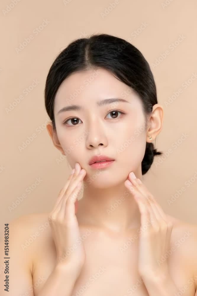 Asian woman touching face, Young Asian woman with smooth skin gently touches face with both hands in studio with beige background. Concept: skincare, beauty, natural cosmetics, wellness Asian woman touching face, Young Asian woman with smooth skin gently touches face with both hands in studio with beige background. Concept: skincare, beauty, natural cosmetics, wellness