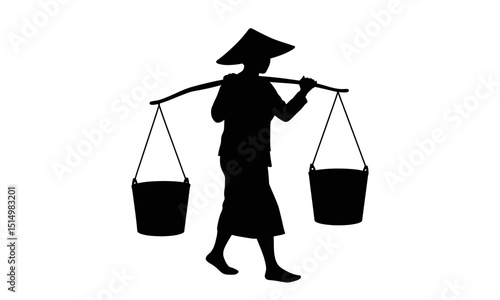 Asian farmer carrying buckets silhouette traditional labor concept