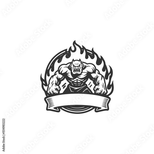 Angry burning titan monster engraving style vector logo design flat vector