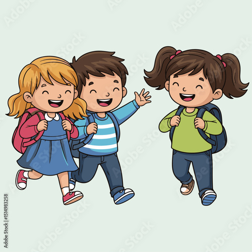 Vector illustration of three children going to school, happy world children's day