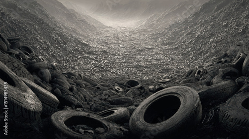 Massive dump of used tires, an ecological catastrophe. Waste management and recycling problem.