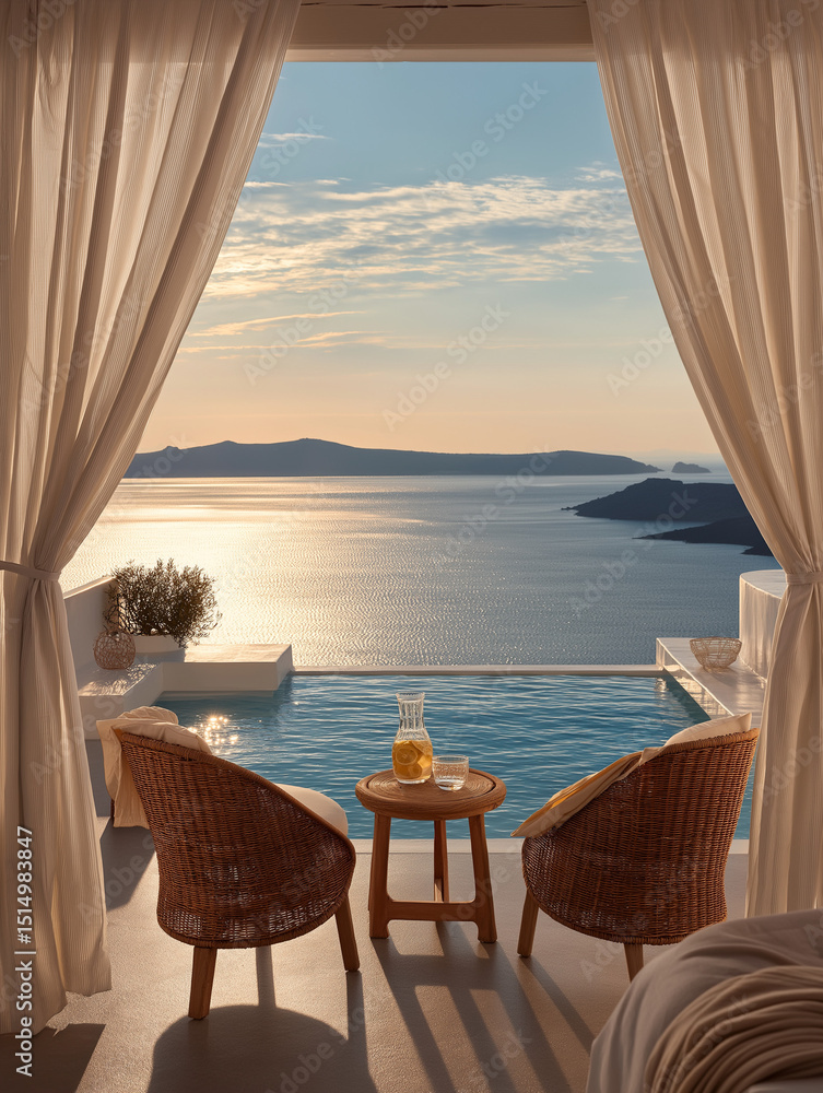 Obraz premium minimalist Greek island balcony framed by airy white curtains, infinity pool blending seamlessly into the calm Aegean Sea, two woven rattan lounge chairs and a small round table with a glass carafe of