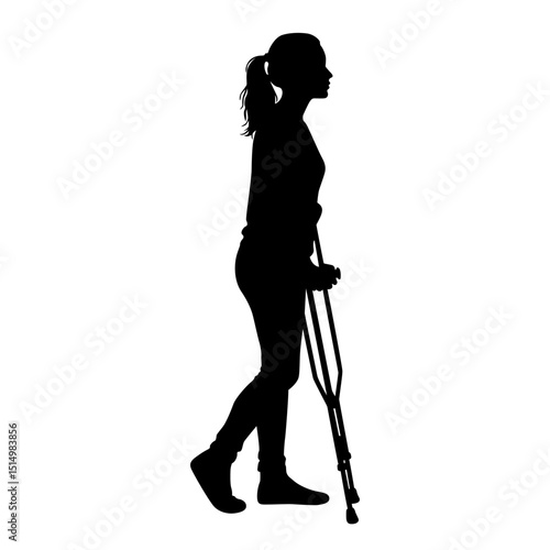 Injured woman walking with crutches silhouette vector art