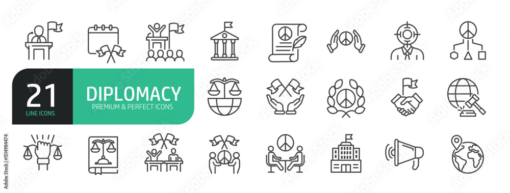 Set Of Diplomacy Line Icons. Contains such icons as Leader, International Relations, Ambassador, Negotiation, Peace, Consulate, Neutrality, Policy, Diplomat, Migration, and more. Set Of Diplomacy Line Icons. Contains such icons as Leader, International Relations, Ambassador, Negotiation, Peace, Consulate, Neutrality, Policy, Diplomat, Migration, and more.
