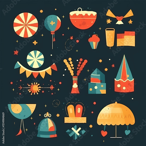 Festive Assemblage: A cheerful composition of festive elements including party hats, balloons, fireworks, and more, perfect for celebrating special moments.