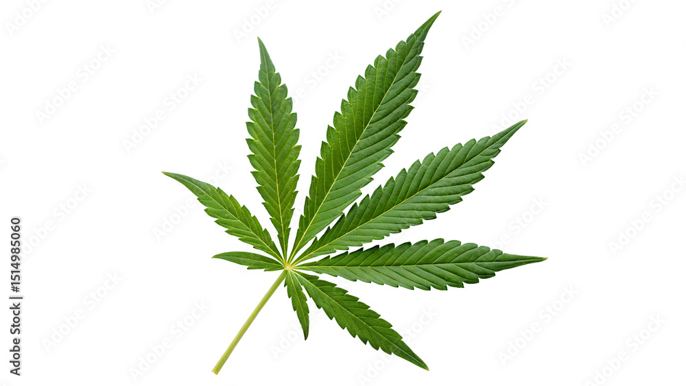 A single cannabis leaf with seven points isolated on a white background in a studio setting view from above A single cannabis leaf with seven points isolated on a white background in a studio setting view from above