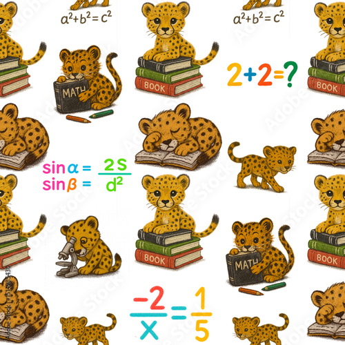 Photography A seamless pattern featuring adorable cheetah cubs learning math and science