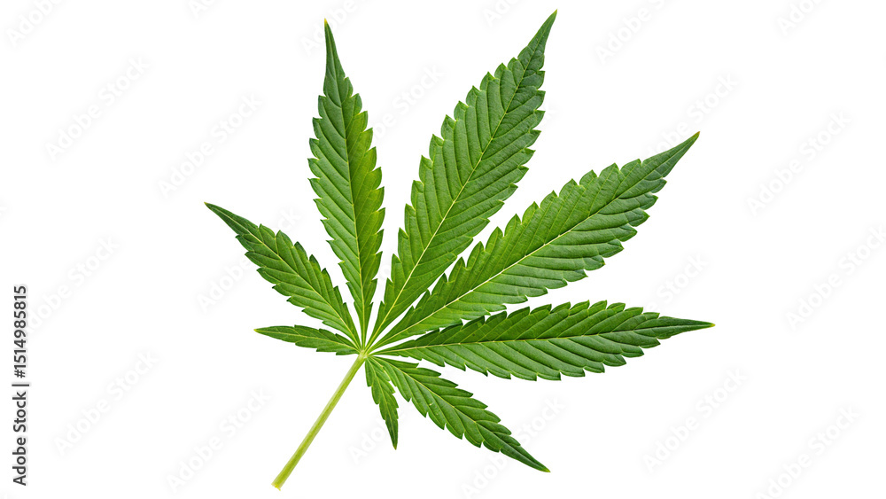 Close up of a single green cannabis leaf with pointed edges on a white background studio shot image art Close up of a single green cannabis leaf with pointed edges on a white background studio shot image art