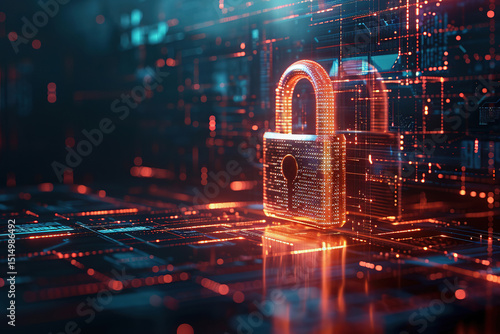 Digital padlock on futuristic cyber security interface