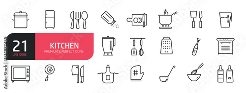 Set of line icons related to cooking, food, plate, kitchen knife, bowl,. Outline icons collection. Editable stroke. Vector illustration.