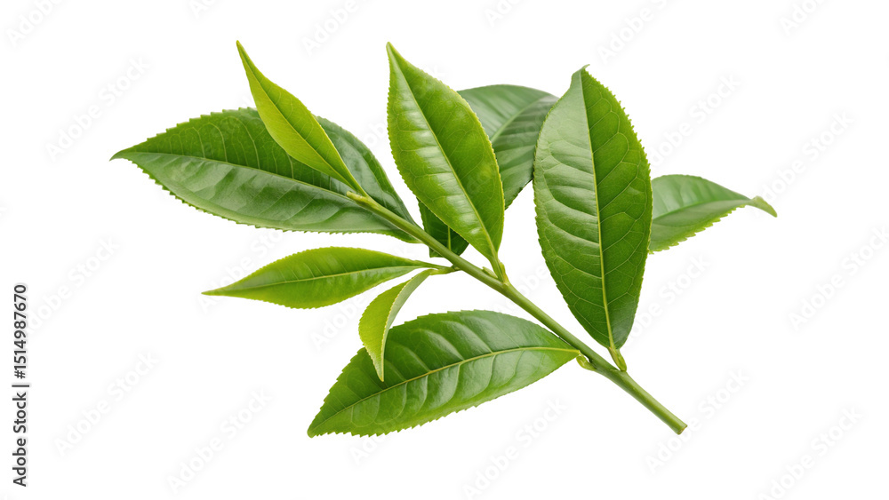 A vibrant sprig of green tea leaves with a stem isolated on a clean white background in a studio shot A vibrant sprig of green tea leaves with a stem isolated on a clean white background in a studio shot