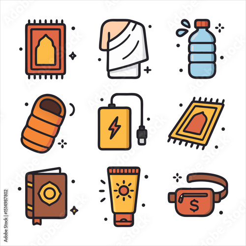 Hajj equipment illustrations for Mecca pilgrimage suitable for travel brochures, websites, educational materials, and cultural presentations.