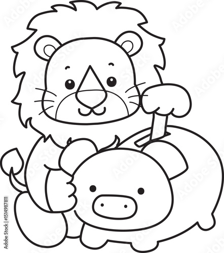 Coloring book of Cute Lion icon. Outline of Funny baby Lion animal series stock illustration. life of fluffy Lion designs.
