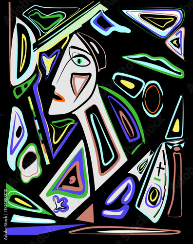 Abstract  blue background ,stylized face ,  surrealism art style