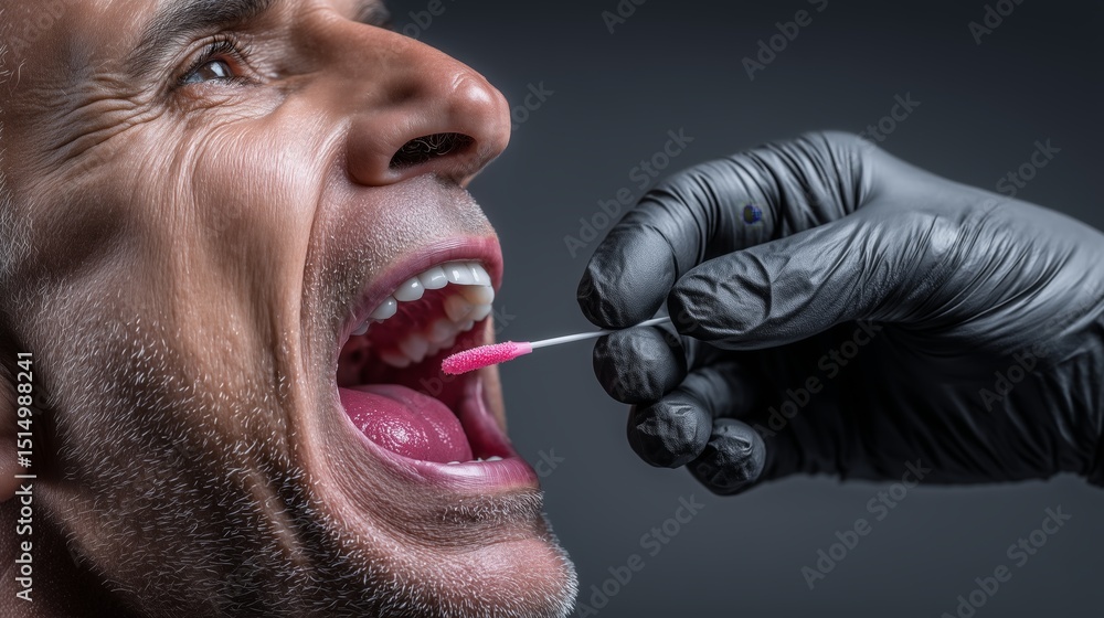 Obraz premium Medical hand taking a DNA test to a man with open mouth. 1