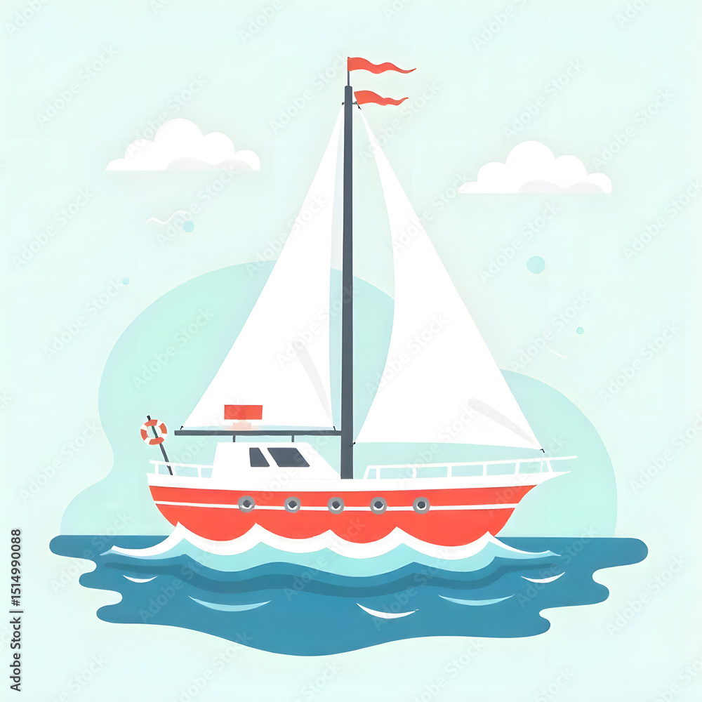 Fototapeta premium Vibrant illustration depicting a red sailboat sailing on blue waves under a light-blue sky with clouds.