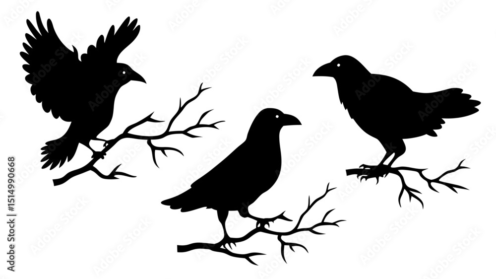 Obraz premium set of raven sitting on branch silhouette