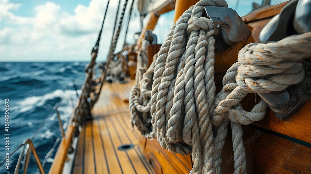 Obraz premium Maritime Knot Nautical Ropes Secured on Yacht Deck under Bright Sky with Ocean View